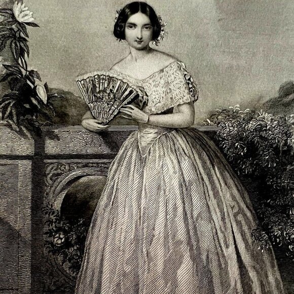 Engraving Summer Beautiful Woman 1859 Victorian Peacock Fan Art DWY5G